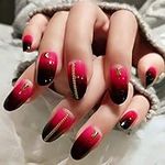 SAMILLEE Glossy Oval False Nails Red Black Gradient Chain Studs Full Cover Acrylic 24Pcs Fake Nail Tips for Women and Girls