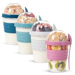 EYNEL 4 Pack On The Go Cereal Yogurt Cups with Lids and Spoon, Overnight Oats Container, Reusable Parfait Plastic Milk Pot Breakfast Crunch Granola Oatmeal Smoothie Snack Prep Jar (4 Colors Set 2)