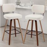 Bekrvio Swivel Bar Stools Set of 2, 29" Upholstered Faux Leather Barstools with Back and Bent Wood Legs, Mid Century Modern Bar Chair Island Stool for Kitchen Counter, Cream White