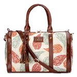 THE CLOWNFISH Lorna Printed Handicraft Fabric & Faux Leather Handbag Sling Bag for Women Office Bag Ladies Shoulder Bag Tote For Women College Girls (Cream-Leaf Design)