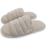 ofoot Mens Breathable Cotton Open Toe Flat Slippers,Memory Foam Non Slip Summer Washable House Slides Sandals (Beige, 8/9 UK)