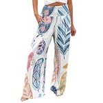 AMhomely Palazzo Pants for Women Casual Printing Pockets Elastic Waist Comfortable Straight Loose Pants Classic Lightweight Workout Tracksuit Bottoms for Yoga Fitness Running, White-1, XL