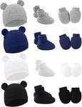 GreatMH 4Set Baby Hat Mittens Socks Set Baby Beanie Hat Gloves Set Hats for Baby Boys Girls Infant 0-6 Months (Black, white, grey, blue)