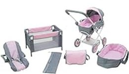 KOOKAMUNGA KIDS 5 Pc Baby Doll Stroller Set - Baby Doll Accessories - Baby Doll Playset w/Doll Crib Stroller Car Seat - Playpen - Carry Cot - Diaper Bag - Ages 3+ - Deluxe Gray/Pink