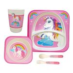 Deepashri™ Bamboo Unicorn Tableware Kids Plate Set with Bowl Cup Fork Spoon Bamboo Fiber Dinner Set for Kids Utensil | Set of 5 Pieces | Pink