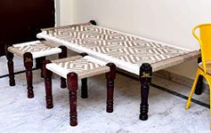 JAE Furniture Solid Wood Charpai With Stools Handmade | Cot | Bed | Sheesham | Khatiya-Khaat | Rajasthani | Stools | Cotton -Jute 6X3 Feet (White And Jute), Teal (Single)