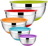 E-far Stainless Steel Mixing Bowls Set of 5, Size 7/3.5/2.5/1.5/1 QT, Metal Nesting Bowls with Colorful Airtight Lids & Non-Slip Bottoms, Great for Kitchen Cooking, Baking, Serving, Food Prep