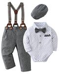 Baby Boys Clothes Gentleman Outfits Suits, Infant Long Sleeve Shirts + Suspender Pants + Bowtie + Beret Hat 0-18M