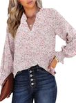 Hotouch Women's Puff Long Sleeve Tops Shirts Pleated V Neck Blouses Dressy Casual Loose Spring and Spring Boho Shirts Floral Pink