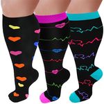 3 Packs Plus Size Compression Socks Wide Calf For Women & Men 20-30 mmhg - Large Size Knee High Support Stockings For Medical