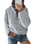 Nilimoph Womens Fleece Jumper Fluffy Pullover Teddy Fleece Sweatshirts Casual Top Fuzzy 1/4 Zip Up Long Sleeve Stand Collar Cozy Coat Tops with Pockets (AA Grey, M)