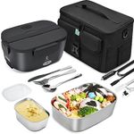 STN Electric Lunch Box Food Heater,Efficient Heated Lunch Box Set with Removable Pure 304 SS Container (1.5 L+ 0.45 L),Insulated Bags,Big Cutlery Set for 12v 24v 220v (Black L)