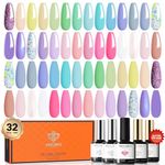 Modelones 32Pcs Gel Nail Polish Set, 28 Colors Pastel Macaron Gel Polish with Glossy& Matte Gel Top Coat No Wipe Base Coat Nail Primer Spring Summer Blue Pink Colors Nail Polish Gift DIY Home
