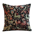 Mythical Animals Heavyweight Tapestry Double Sided Cushion Cover. 17"x17" Square Pillow Cover. Black background with multicoloured beasts. Morris style design. Turkish Kilim style Fabric.