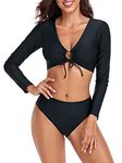 RELLECIGA Women's Black Two Piece Rash Guard Swimsuit Long Sleeve Crop Top with High Waisted Bikini Bottom Size Large