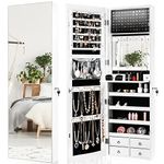 CHARMAID LED Strip Jewelry Armoire with 47.2" H Full Length Mirror, Wall/Door Mounted Jewelry Organizer with Built-in Mirror, Flip-over Cosmetic Tray, 4 Drawers, Large Storage Jewelry Cabinet (White)