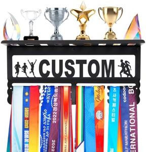 Personalized Medal Wall Hanger with Shelf - 70+ Medal Display Rack with Custom Name Engraving - Stainless Steel, Secure Hooks - Running Race Medals + Trophies/Photos Holder for Homes/Gyms/School