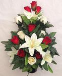 Grave Pot Arrangement Artificial Rose Lily Silk Flower Flat Back Memorial 12"