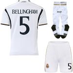 Hawkara R. Madrid Bellingham #5 2023/2024 Football Soccer Kids Jersey Shorts Socks Set Youth Sizes (White, 28)