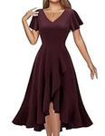 DRESSTELLS Women's Tea Party Cocktail Wedding Guest Dresses V Neck Wrap Semi Formal Elegant Dress 2024 Ruffle Modest Dress for Church Burgundy L