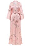 BABEYOND Floral Kimono Robe Satin Silk Wedding Robe 1920s Kimono Nightgown Sleepwear 53 Inches Long (Plum Blossom-Pink)