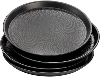 Hacaroa 4 Pack Round Restaurant Serving Trays, 11.5 Inch Plastic Food Service Trays Non-skid Food Platter for Cafeteria, Bar, Coffee Shop, Hotel, Tailed Lines, Black