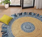 GRUHUM Round Jute Cotton Area Rug 3ft Natural Fiber Denim Blue Fringes Handmade Boho Soft Braided Rustic Vintage Farmhouse Rugs Indoor EcoFriendly Kitchen Bedroom Living Hallways Enterways 3'ft Circle