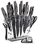 nuovva Professional Kitchen Knife Set with Block - Granite 17 Pcs with Knives Sharpener Peeler and Scissors - Clear Acrylic Block High Carbon Stainless Steel Blades Wood Affect Handle