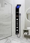 X-XONIER® Brass Thermostatic Stainless Steel 304 Grade Shower Panel 6 in 1 Tower System With LED Rainfall Front Body Massager SS Handheld Brass tub spout all Function Work together Black