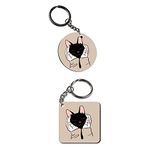 Plan To Gift Set of 2 | Circle & Square Shape cute cat Printed Wooden Keychains Black Cat Pink | Circle & Square Shape keyrings | Circle & Square Shape Keychains| Printed keyrings