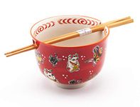 (Red Cat) - Happy Sales HSRB-LCRD, Japanese Ramen Udon Noodle Bowl with Chopsticks Gift Set, Red Lucky Cat