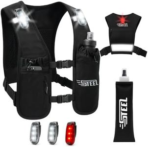 Gilet Running d'hydratation Réfléchissant LED Recheargeable, Porte-Bouteille d'eau, Ajustable, Gilet léger, Gourde d'hydratation de 500 ML pour randonnée, Trail, Course à Pied, Marathon (Noir)