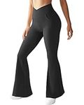 OMKAGI Women Ribbed Crossover Flare Leggings with Pockets High Waisted Bell Bottom Flared Yoga Pants(M, Black-17)