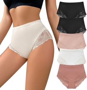Cevapro High Waisted Underwear for Women Sexy Lace Seamless Panties Full Coverage Soft Stretch Ladies Briefs 5 Pack