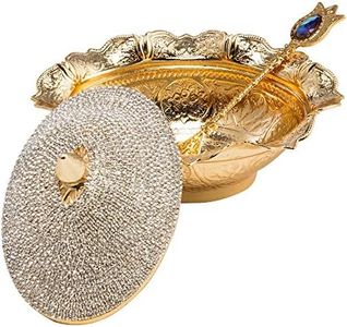 Swarovski Crystal Coated Handmade Brass Sugar Chocolate Candy Bowl Serving Dish with Lid & Spoon (Gold)