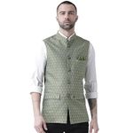 KISAH Men Light Green Woven Design Nehru Jacket Ethnic Festive Waistcoat Cotton, Regular Fit, 38