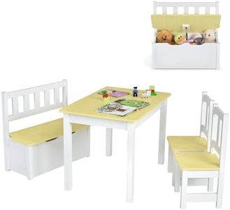 HONEY JOY 4-Piece Kids Table and Chair Set, Wood Activity Table with Toy Storage Bench & 2 Chairs, Toddler Table and Chair Set for Children Reading, Arts, Snack Time, Homework, Playroom (Natural)