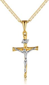 Barzel Cross Necklace for Women & Men 18K Gold Plated Flat Mariner/Marina 060 3MM Chain Necklace With Italian Cross Pendant (Two Tone Cross, 24)