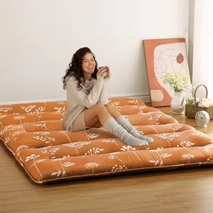 Japanese Floor Mattress, Foldable Thick Futon Mattress, Roll Up Tatami Mat, Portable Camping Sleeping Mat, Floor Lounger Bed for Guest Room, Dormitory, Full Size, Brick Red Floral (80" L x 54" W)