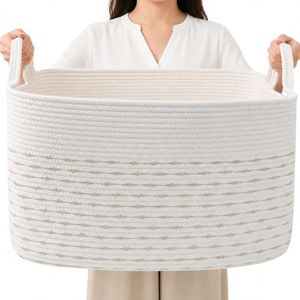 HZFTJOY Magazine & Newspaper Baskets,Large Woven Rope Blanket Basket,24"x16"x15"Storage Bin with Handle,Toys Storage,Laundry Basket for Home Organization/Living Room/Nursery/Bedroom,White&Yellow