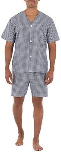 Fruit of the Loom Men's Broadcloth Short Sleeve Pajama Set, Navy/White Check, Large