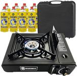 Portable Gas Cooker Camp Stove + 8 Butane Gas Canisters - For Outdoor Camping, Fishing, Cooking & BBQ | Premium Burner, Automatic Ignition & Heat Control, EN417 Compliant - Black Grill & Carry Case