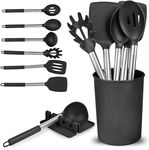 Luxtrous Kitchen Utensils Set | Utensils Black Kitchen Set with Holder & Drip Pad | Silicone Utensils | Silicone Spatula, Spoon, Spaghetti Server, Ladle | Scratch Proof NonStick Kitchen Spoons | 8 pcs