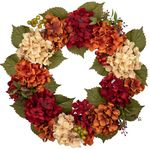 20'' Autumn Decorations Artificial Hydrangea Wreath, Fake Flower Wreath, Orange Red Faux Hydrangeas for Front Door, Floral Wreath for Mantel, Kitchen, Farmhouse, Wall Decor