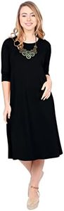 Kosher Casual Women's Modest Lightweight Knit Mid Knee T-Shirt Dress with 3/4 Sleeves XL Black