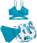 OYOANGLE Girl's 3 Piece Tropical Print Criss Cross Bikini Set Swimsuit Bathing Suit with Shorts Blue Print 14 Years