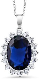 Gem Stone King 925 Sterling Silver Blue Simulated Sapphire Pendant Necklace For Women | 13.00 Cttw | Oval 13X18MM | with 18 Inch Silver Chain
