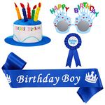 FRIUSATE 4 pieces Happy Birthday Hat, Plush Happy Birthday Cake Hat with Birthday Glasses, Birthday Badge and Birthday Sash Birthday Party Hats for Kids Adults(Blue) (A62DK8H0410857)