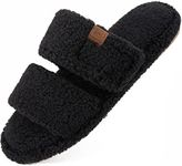 FamilyFairy Open Toe Slippers for Women Adjustable Memory Foam House Shoes Faux Fur Fuzzy Slide Sandals Non Slip Washable(9-10, Black)