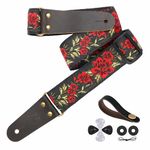 Nefelibata Guitar Strap, 2" Cotton Embroidery Guitar Straps, Full Grain Leather Ends with Hidden Pocket, for Bass, Electric and Acoustic Guitars, Strap Button, Strap Locks and Guitar Picks